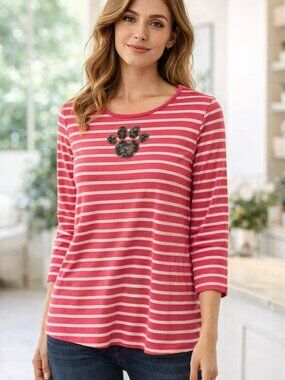Quacker Factory Sequin Paw Print Striped Tunic